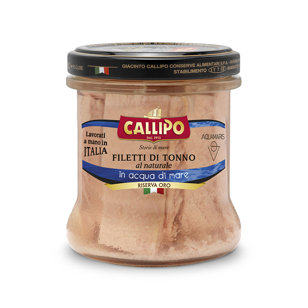 Riserva Oro Filetti Tonno G. 150 al Naturale in acqua di mare Aquamaris - Vaso Vetro